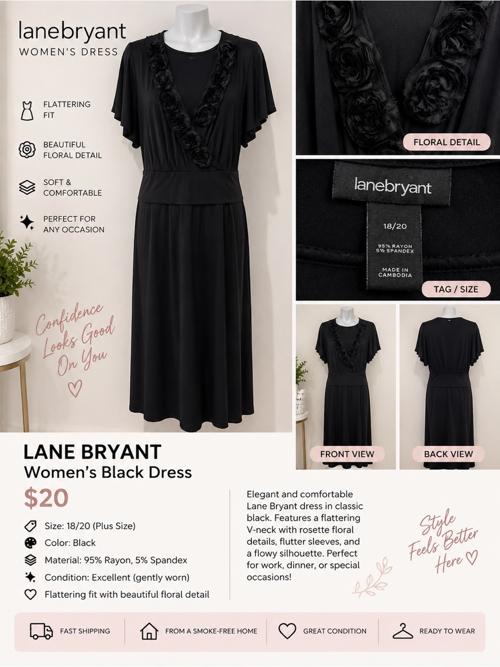 Lane Bryant Black Midi Dress with Rosette V-Neck